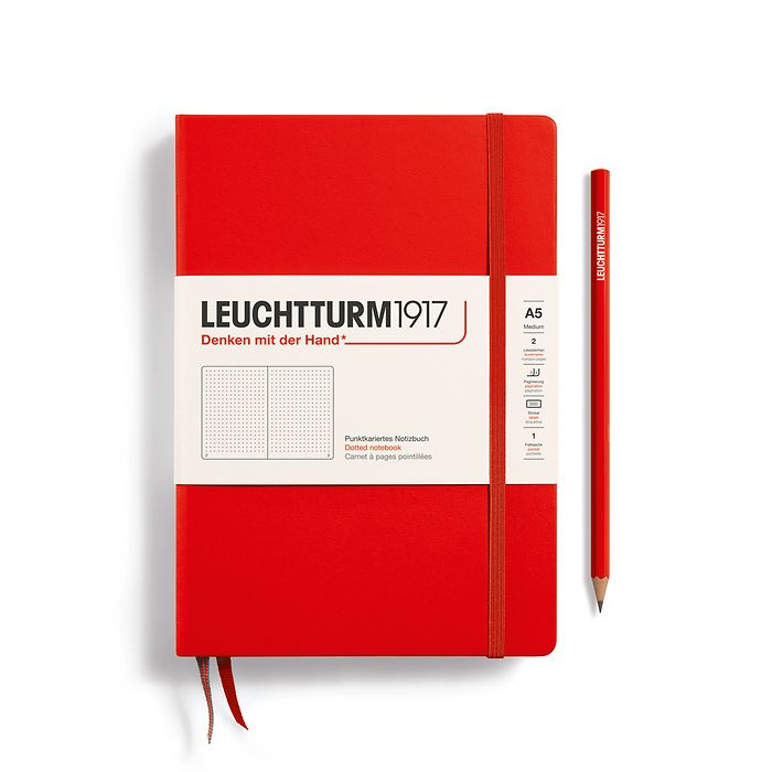 Carnet Medium (A5) couverture  rigide, 249 pages numérotées, pointillés, rouge