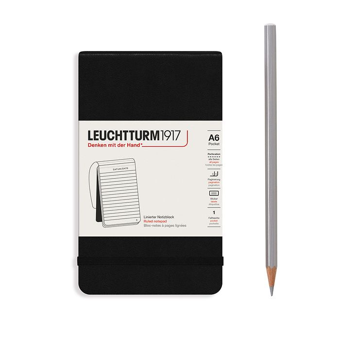 Bloc-notes Pocket (A6), couverture rigide, 184 pages numérotes, ligné, noir