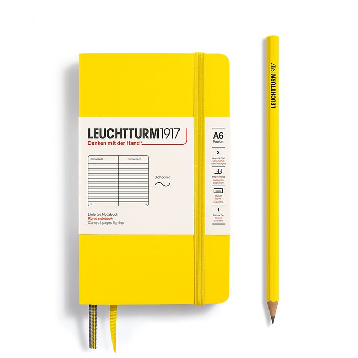 Carnet Pocket (A6), couverture souple, 123 pages numérotées, ligné, citron