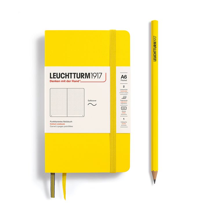 Carnet Pocket (A6), couverture souple, 123 pages numérotées, pointillés, citron