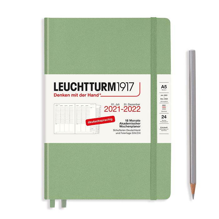 Planificateur Universitaire Medium (A5) 2022, avec cahier, 18 Mois, Sauge, Allemand
