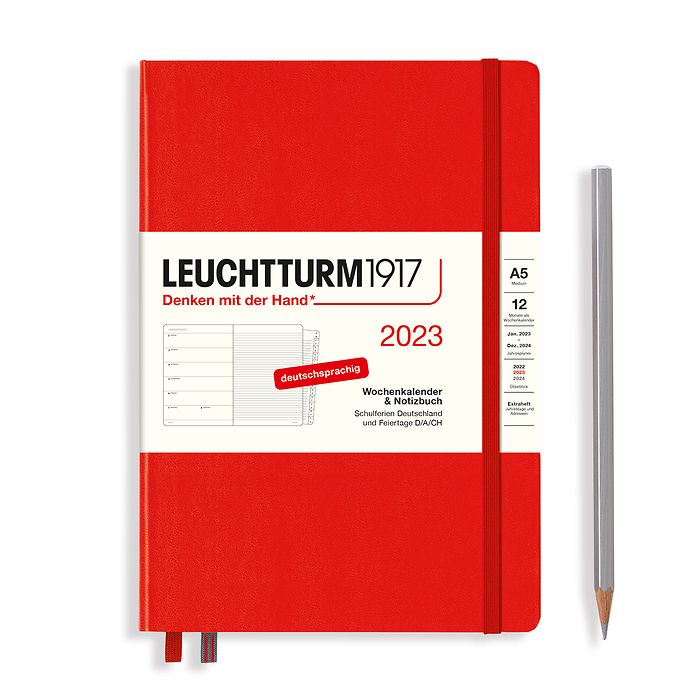 Agenda Semainier & Carnet Medium (A5) 2023, avec cahier, Rouge, Allemand