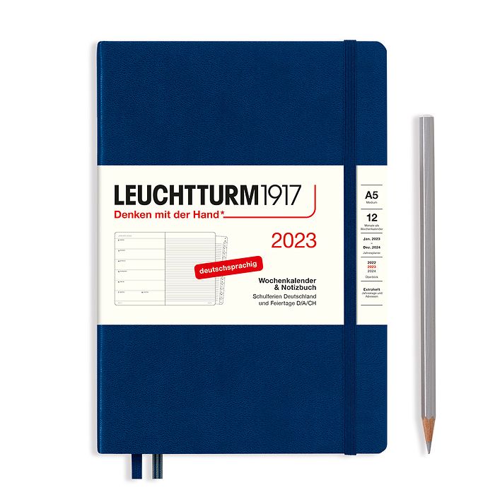 Agenda Semainier & Carnet Medium (A5) 2023, avec cahier, Bleu Marine, Allemand