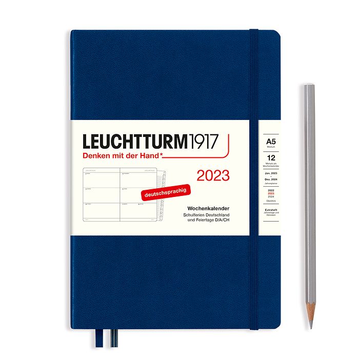 Agenda Semainier Medium (A5) 2023, avec cahier, Bleu Marine, Allemand