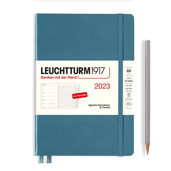 Agenda Semainier & Carnet Medium (A5) 2023, avec cahier, Stone Blue, Français