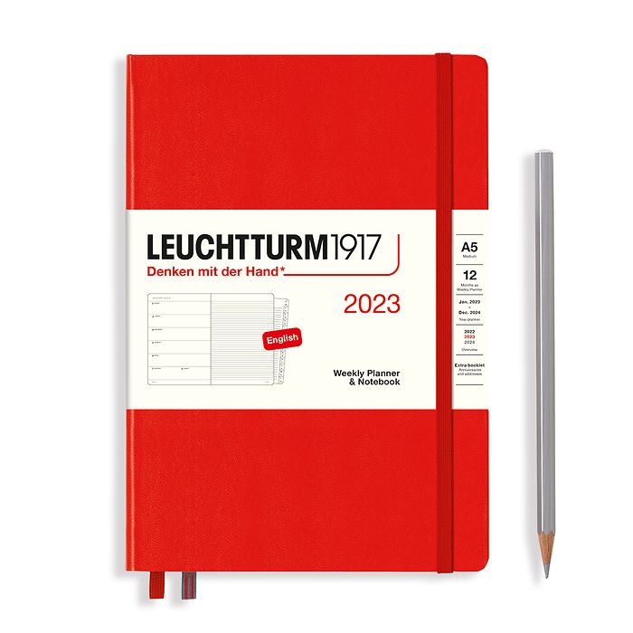 Agenda Semainier & Carnet Medium (A5) 2023, avec cahier, Rouge, Anglais