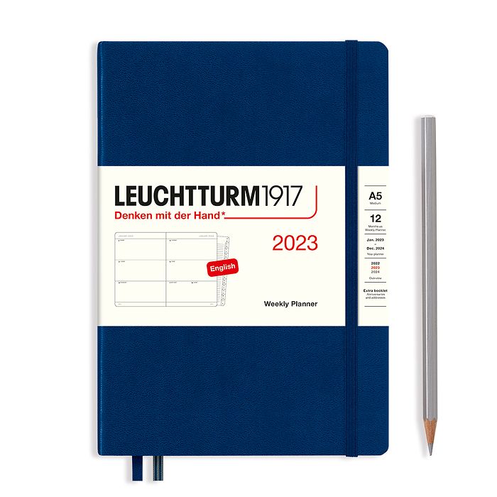 Agenda Semainier Medium (A5) 2023, avec cahier, Bleu Marine, Anglais