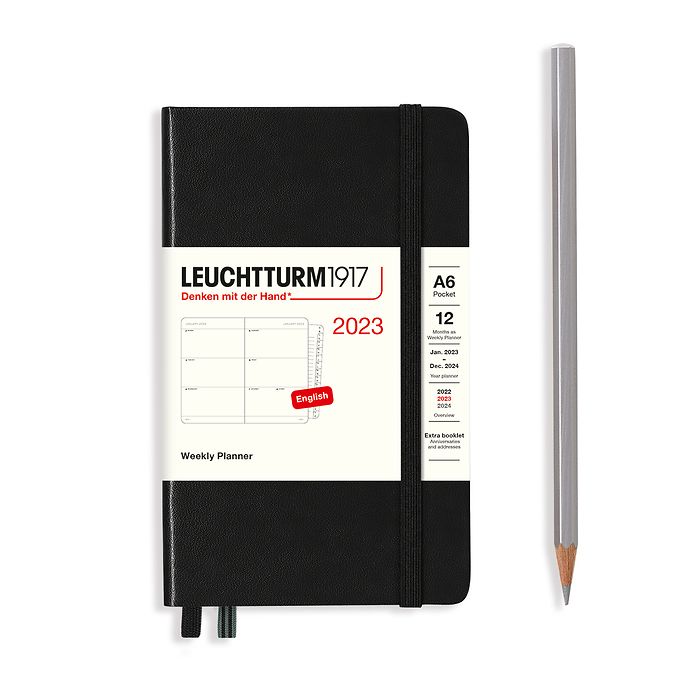 Agenda Semainier Pocket (A6) 2023, avec cahier, Noir, Anglais