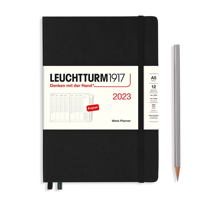 Planificateur Semainier Medium (A5) 2023, avec cahier, Noir, Anglais