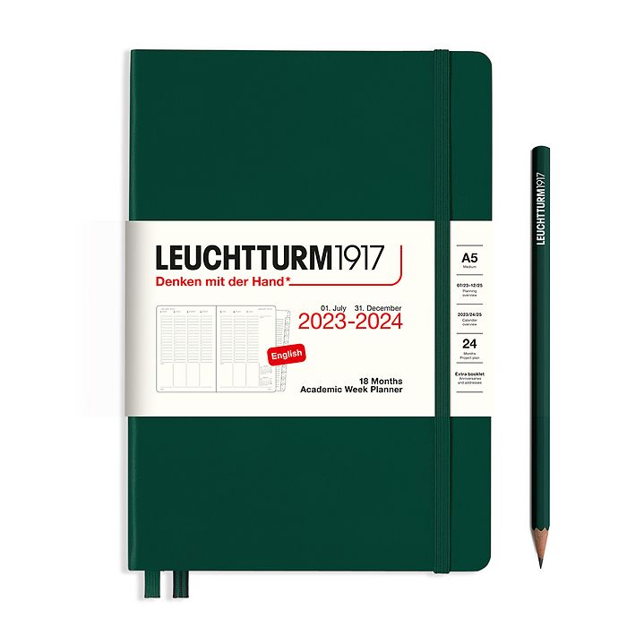 Planificateur Universitaire Medium (A5) 2024, avec cahier, 18 Mois, Forest Green, Anglais