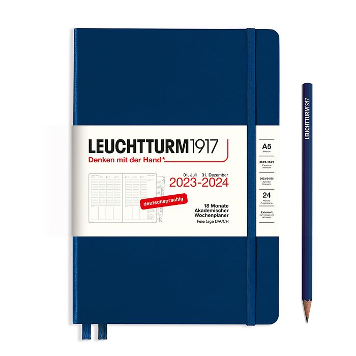 Planificateur Universitaire Medium (A5) 2024, avec cahier, 18 Mois, Bleu Marine, Allemand