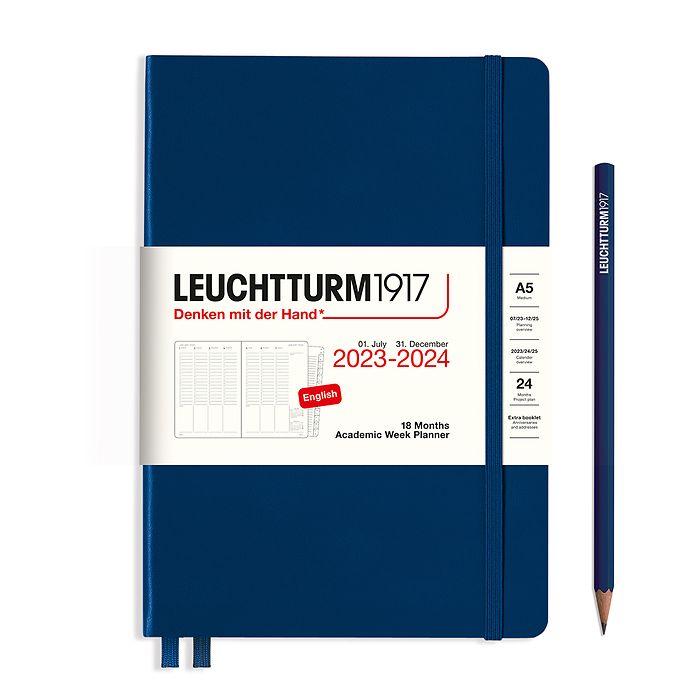 Planificateur Universitaire Medium (A5) 2024, avec cahier, 18 Mois, Bleu Marine, Anglais