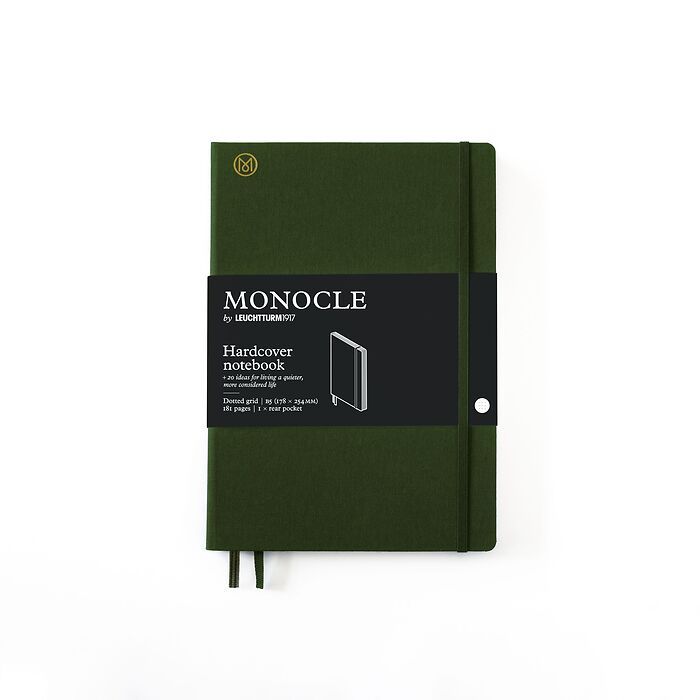 Carnet de notes B5 Monocle, Couverture rigide, 192 pages numérotées, Olive, pointillé