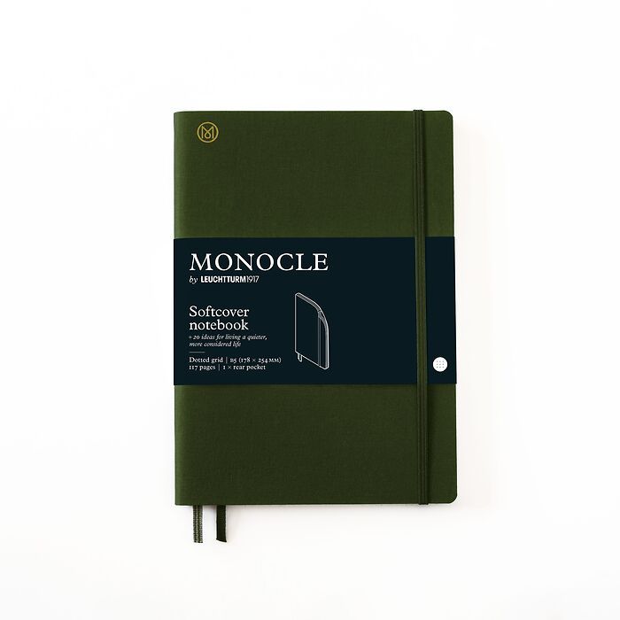 Carnet de notes B5 Monocle, Couverture souple, 128 pages numérotées, Olive, pointillé